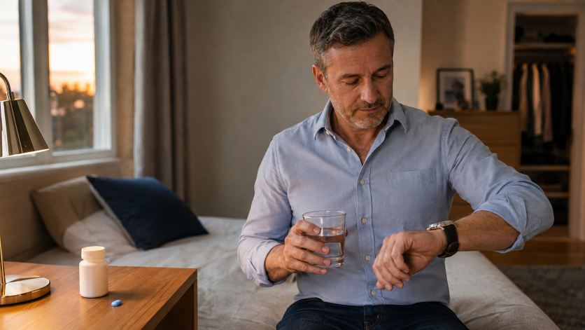 Man checking his watch before taking sildenafil with water