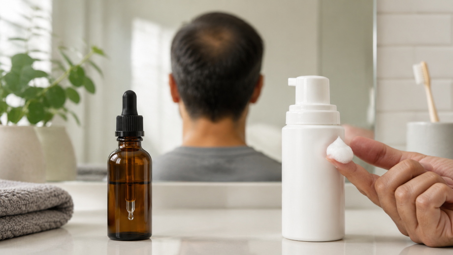 Liquid and foam contain the same active ingredient, but they differ in application, drying time, price, and scalp tolerability.