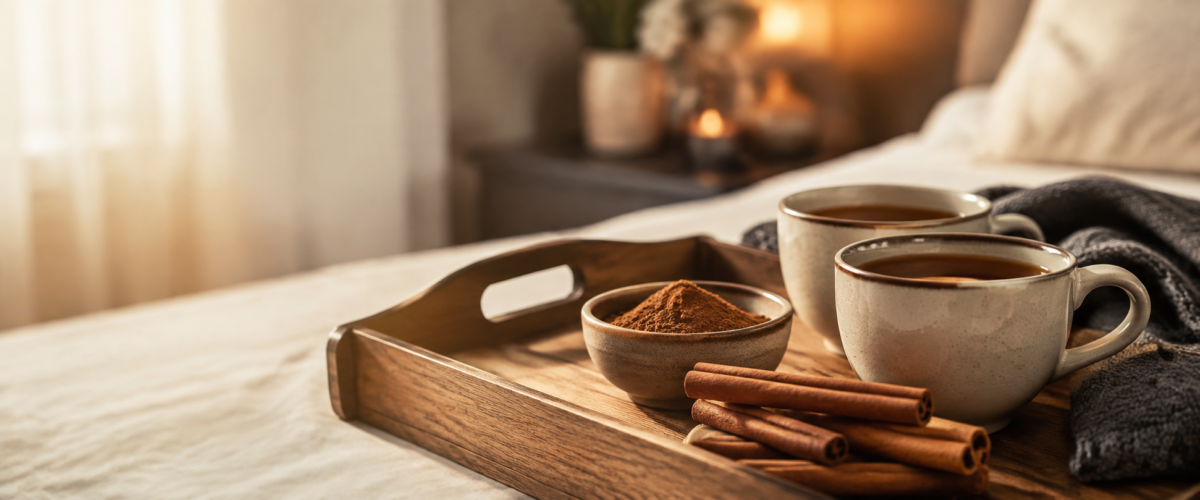 Cinnamon tea and cinnamon sticks in a warm bedroom breakfast setting