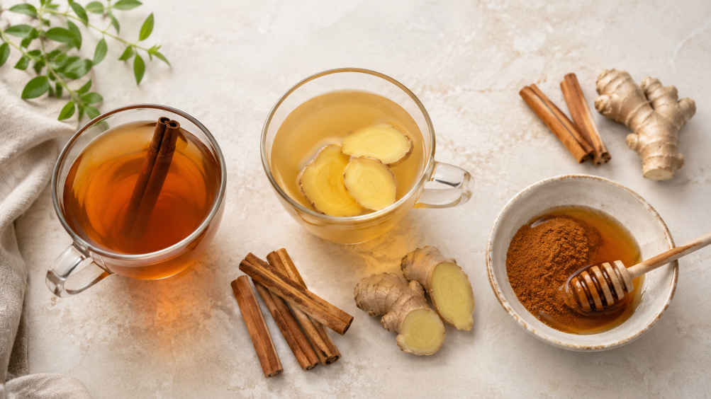 Cinnamon tea, ginger and cinnamon tea, and cinnamon mixed with honey