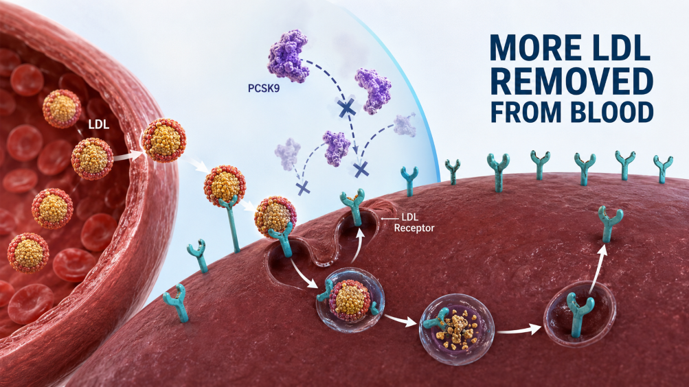 Diagram showing how PCSK9 inhibition helps liver receptors remove LDL cholesterol from the blood