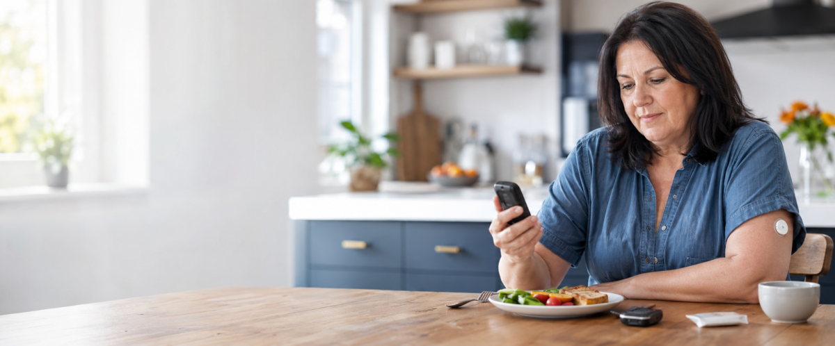 Patient checking glucose levels while eating after bariatric surgery