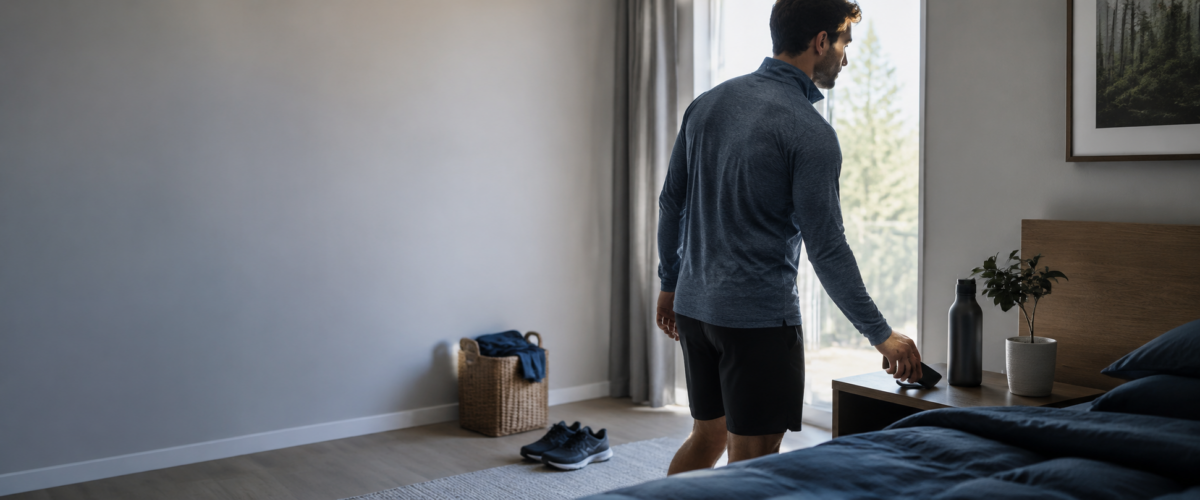 A man placing his phone down and preparing for an active morning